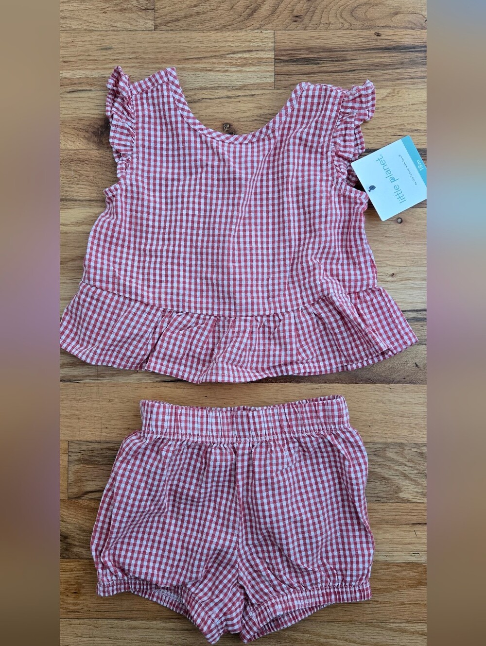 Little Planet Organic Cotton 18 Month Red Gingham Ruffle Top & Shorts Set NWT